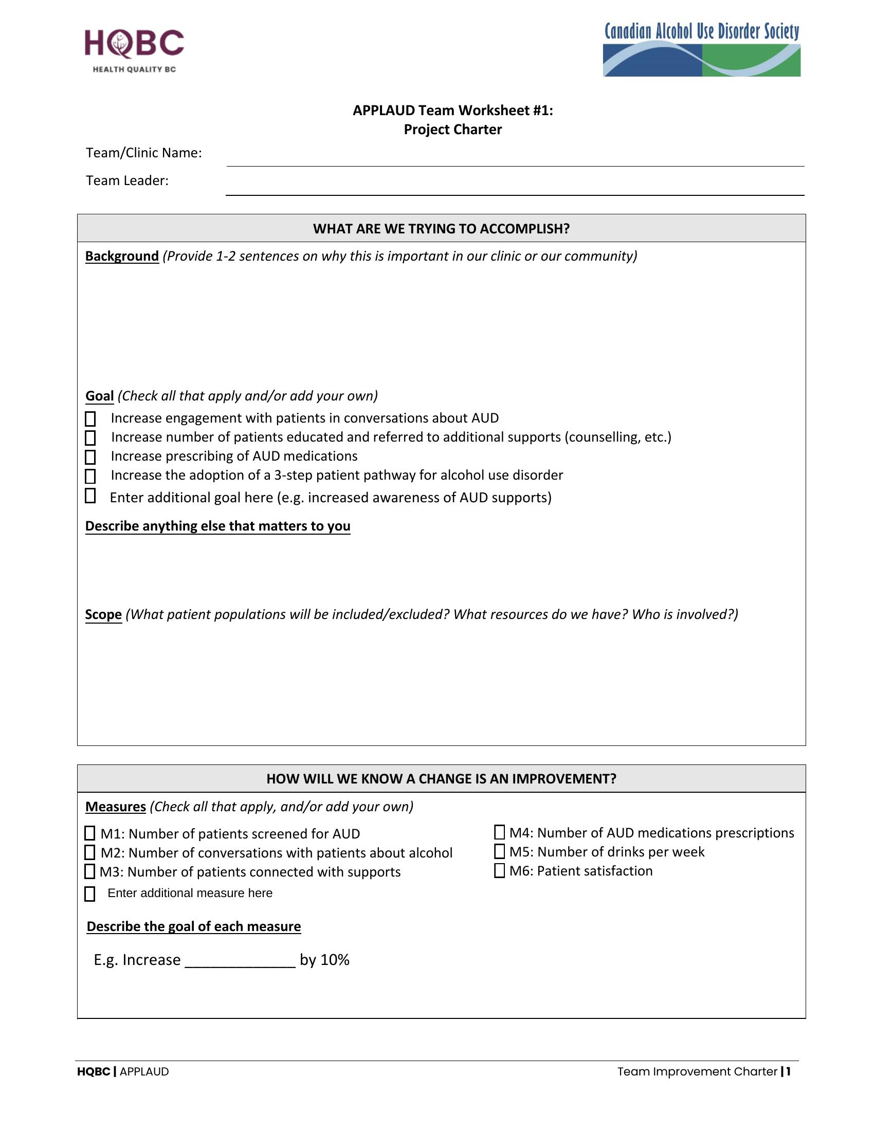 APPLAUD Improvement Project Charter Worksheet Thumbnail